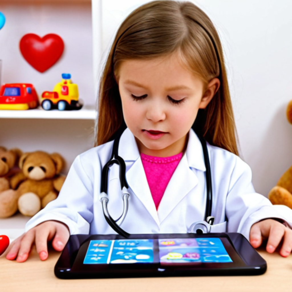 **
A brightly lit children's playroom. A young girl in a miniature doctor's coat uses a toy stethoscope to listen to the heart of a teddy bear. Scattered around are various colorful toy medical instruments: a toy thermometer, a pretend syringe, and band-aids. In the background, a toy tablet displays a cartoon ultrasound image. Focus on the child's concentration and the inviting, safe atmosphere of the play area.
**