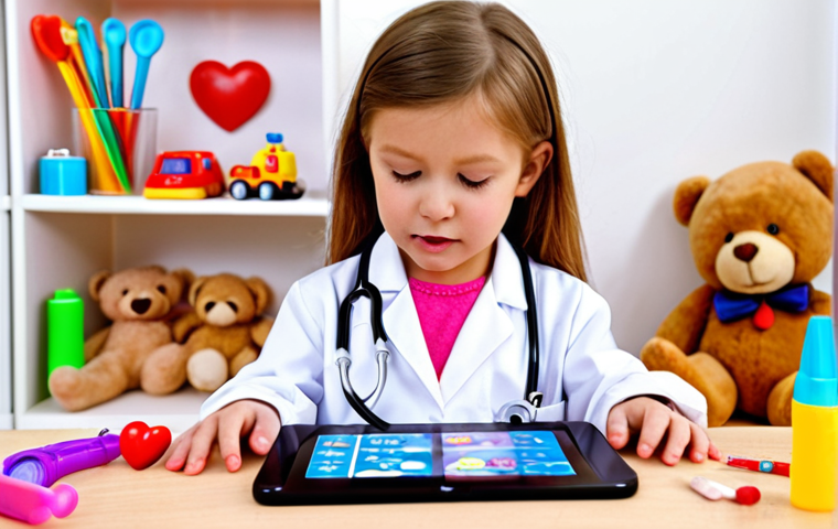 **
A brightly lit children's playroom. A young girl in a miniature doctor's coat uses a toy stethoscope to listen to the heart of a teddy bear. Scattered around are various colorful toy medical instruments: a toy thermometer, a pretend syringe, and band-aids. In the background, a toy tablet displays a cartoon ultrasound image. Focus on the child's concentration and the inviting, safe atmosphere of the play area.
**