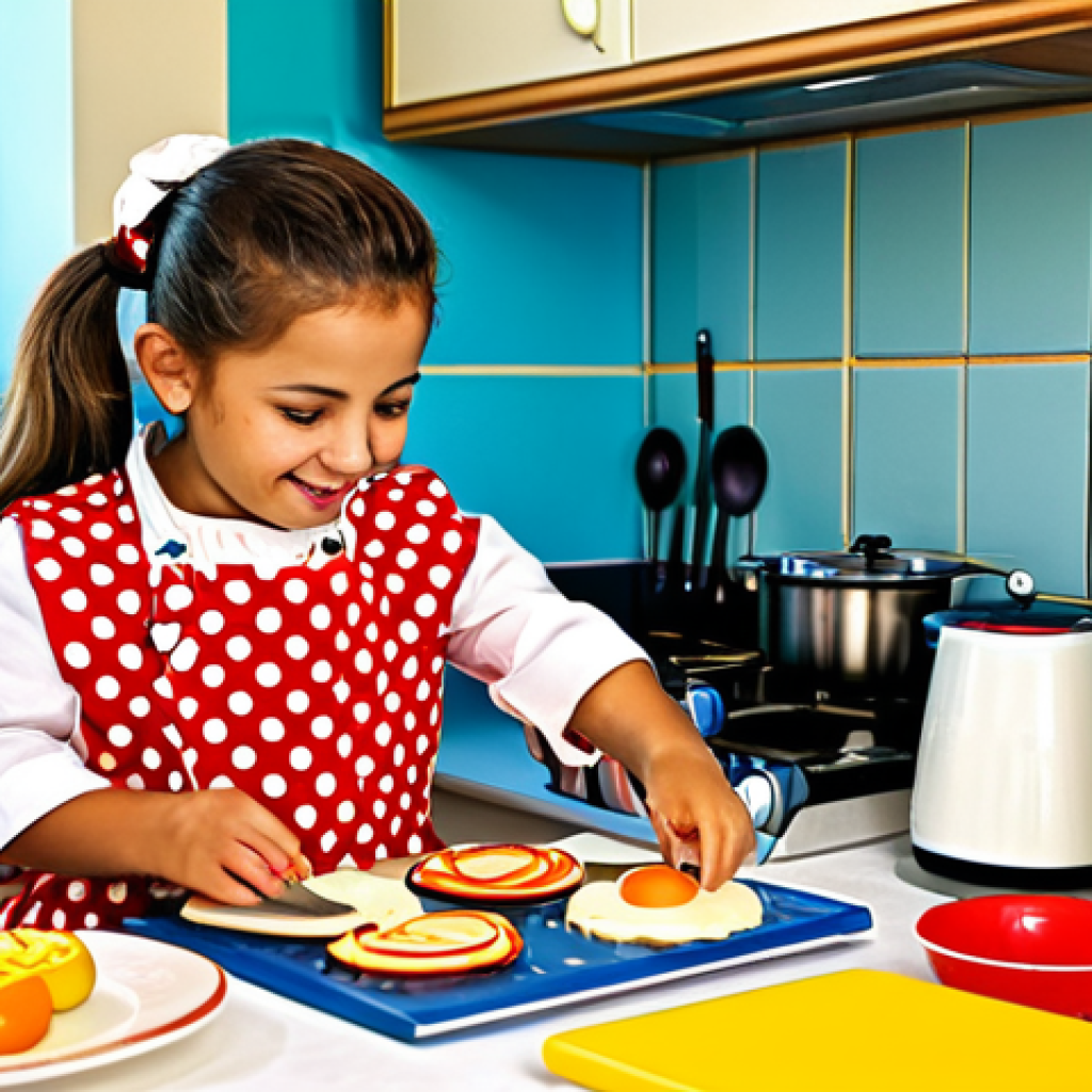 **
A young girl, fully clothed in a colourful, age-appropriate dress, joyfully pretends to cook in a toy kitchen. The kitchen is bright and filled with play food and utensils. A "Livro de Receitas dos Pequenos Chefs" (Little Chefs' Recipe Book) is open on the counter. Background: A warm, inviting Portuguese home kitchen. Safe for work, appropriate content, family-friendly, perfect anatomy, natural proportions, professional illustration.
**
