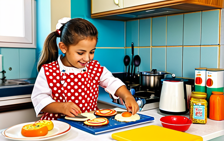 **

A young girl, fully clothed in a colourful, age-appropriate dress, joyfully pretends to cook in a toy kitchen. The kitchen is bright and filled with play food and utensils.  A "Livro de Receitas dos Pequenos Chefs" (Little Chefs' Recipe Book) is open on the counter. Background: A warm, inviting Portuguese home kitchen. Safe for work, appropriate content, family-friendly, perfect anatomy, natural proportions, professional illustration.

**