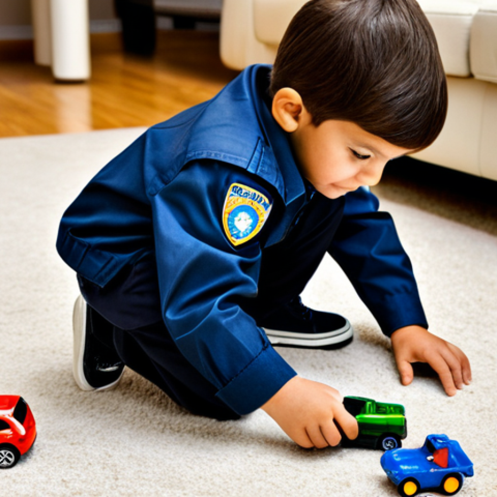 **Image Prompt 1: Young Child Playing Police Detective**

A child, around 5 years old, fully clothed in appropriate attire for play, kneeling on the floor in a living room, examining a toy magnifying glass over a toy fingerprint kit. Around them are scattered toy cars and other play sets. The scene is brightly lit and cheerful. Safe for work, appropriate content, professional photography, perfect anatomy, natural proportions, family-friendly.