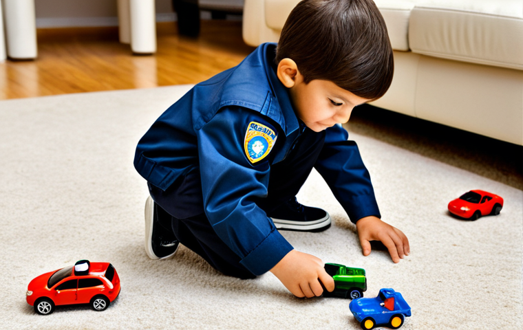 **Image Prompt 1: Young Child Playing Police Detective**

A child, around 5 years old, fully clothed in appropriate attire for play, kneeling on the floor in a living room, examining a toy magnifying glass over a toy fingerprint kit. Around them are scattered toy cars and other play sets. The scene is brightly lit and cheerful. Safe for work, appropriate content, professional photography, perfect anatomy, natural proportions, family-friendly.