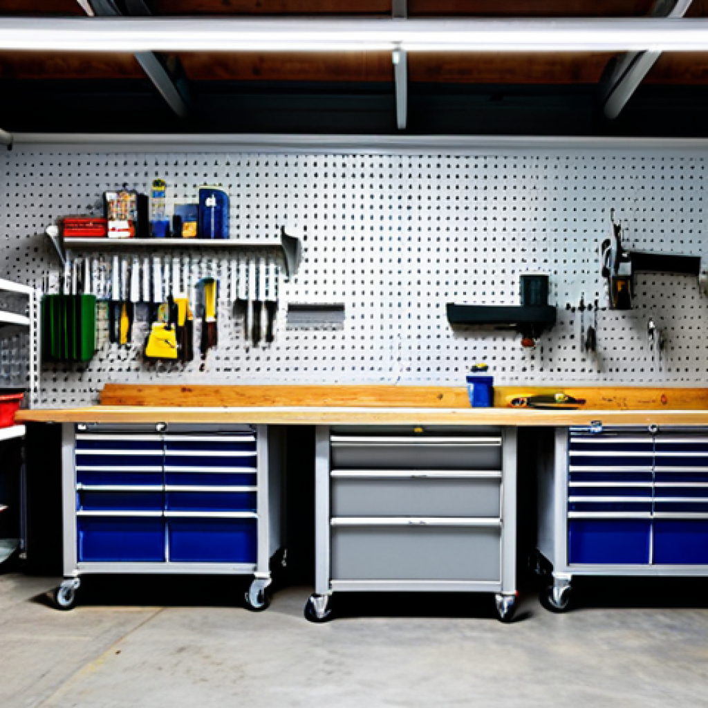 "A well-organized garage featuring sturdy steel shelves stocked with labeled storage bins, tools neatly arranged on a pegboard, and a workbench with a vise. Bright overhead lighting illuminates the space. safe for work, appropriate content, fully clothed, professional, natural proportions, high quality."