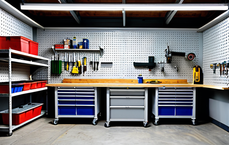"A well-organized garage featuring sturdy steel shelves stocked with labeled storage bins, tools neatly arranged on a pegboard, and a workbench with a vise. Bright overhead lighting illuminates the space. safe for work, appropriate content, fully clothed, professional, natural proportions, high quality."