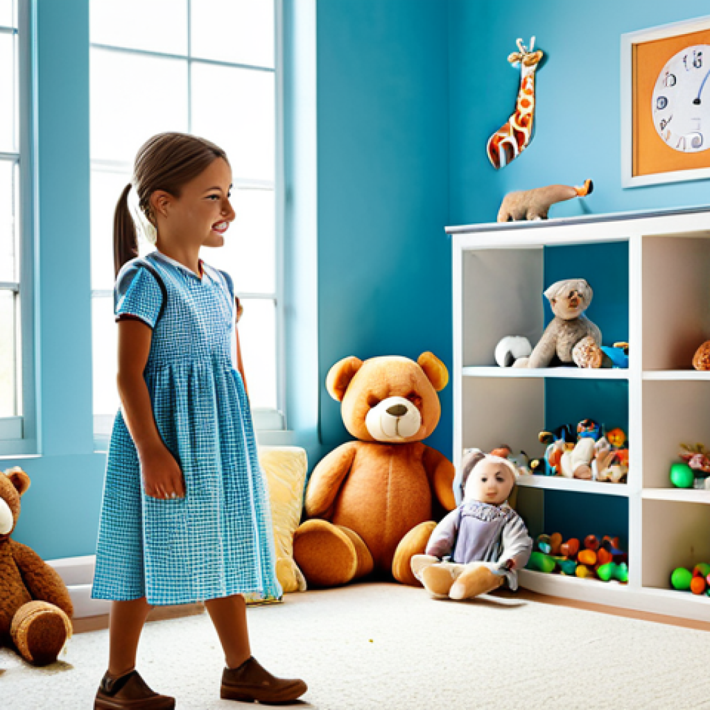 역할놀이 완구와 창의력 발달 - "A young girl in a modest dress playing veterinarian with her stuffed animals in a brightly lit play...