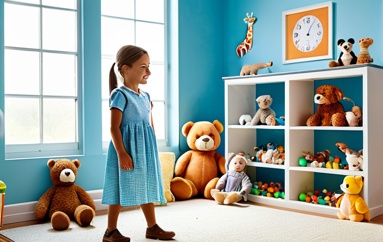 역할놀이 완구와 창의력 발달 - "A young girl in a modest dress playing veterinarian with her stuffed animals in a brightly lit play...