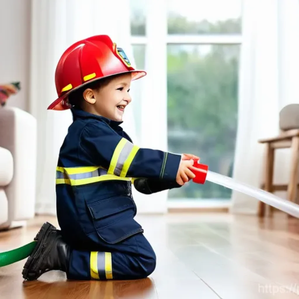 소방관 역할놀이 세트 - A joyful and energetic 5-year-old child, fully dressed in a vibrant, clean firefighter uniform inclu...
