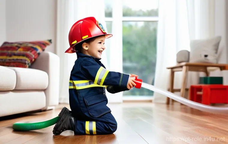 소방관 역할놀이 세트 - A joyful and energetic 5-year-old child, fully dressed in a vibrant, clean firefighter uniform inclu...