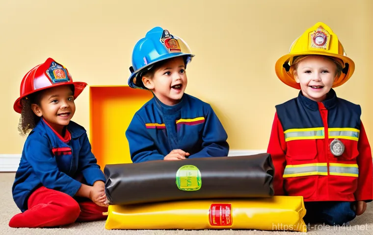 소방관 역할놀이 세트 - A joyful and energetic 5-year-old child, fully dressed in a vibrant, clean firefighter uniform inclu...