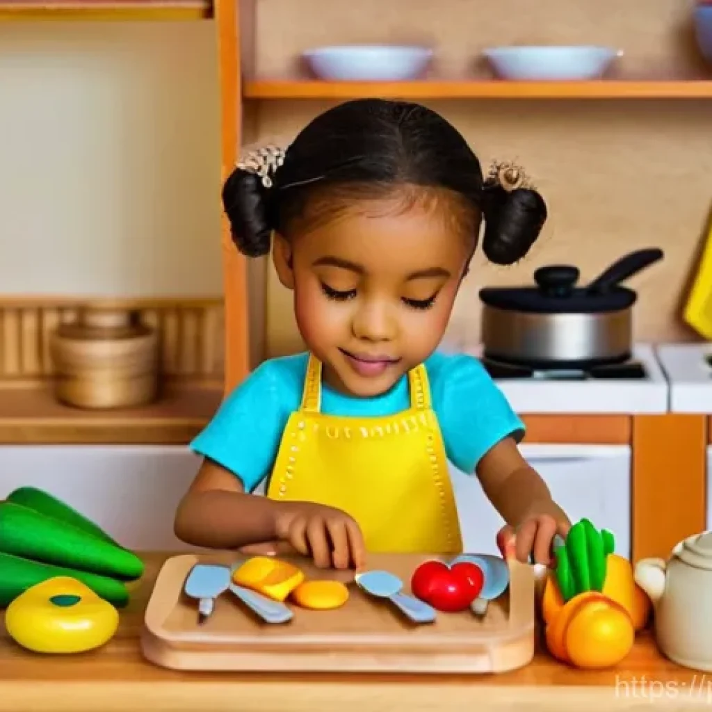 요리사 놀이 주방세트 - **Prompt 1: The Rustic Chef's Corner**
    A happy 5-year-old girl, dressed in a cute, casual play o...