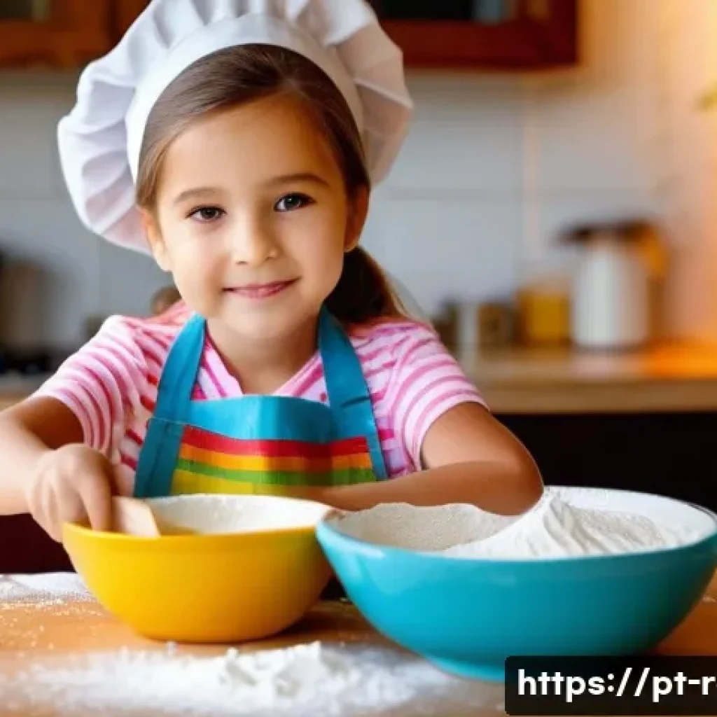 요리사 놀이 에이프런 포함 - **"Little Chef's Concentrated Joy"**
    A bright, cheerful kitchen scene bathed in warm, soft dayli...