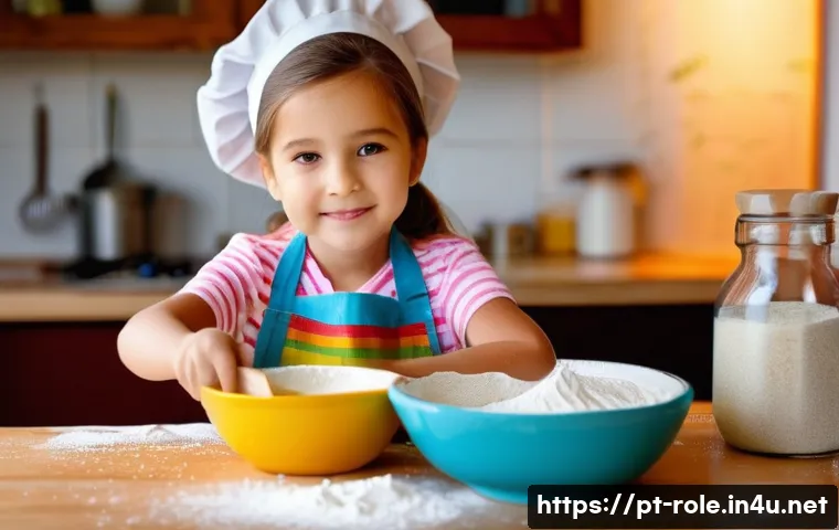 요리사 놀이 에이프런 포함 - **"Little Chef's Concentrated Joy"**
A bright, cheerful kitchen scene bathed in warm, soft dayli...