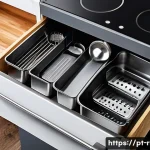 주방놀이 다기능 조리도구 - A modern compact kitchen drawer neatly organized with multifunctional stainless steel and BPA-free p...