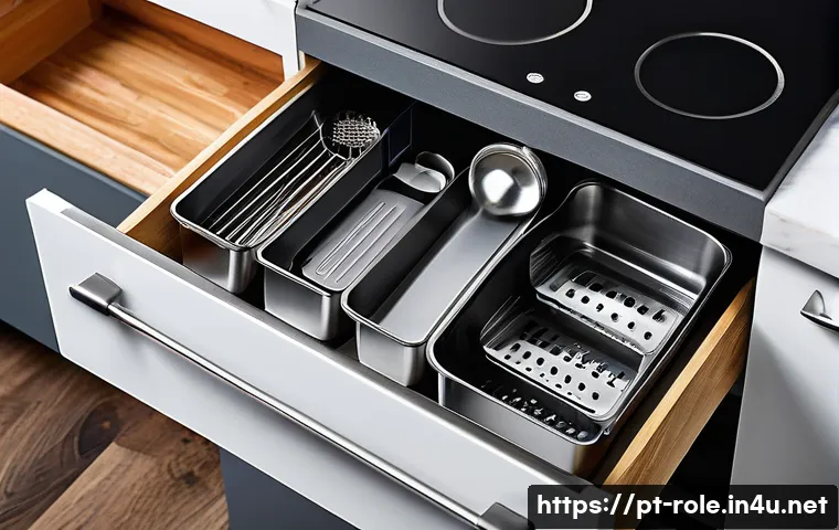 주방놀이 다기능 조리도구 - A modern compact kitchen drawer neatly organized with multifunctional stainless steel and BPA-free p...