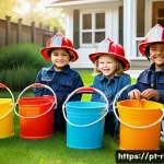 소방관 놀이 명장면 재현 - A group of children playing firefighter in a bright, safe backyard setting, all wearing colorful fir...