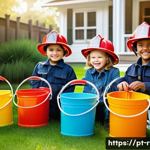 소방관 놀이 명장면 재현 - A group of children playing firefighter in a bright, safe backyard setting, all wearing colorful fir...
