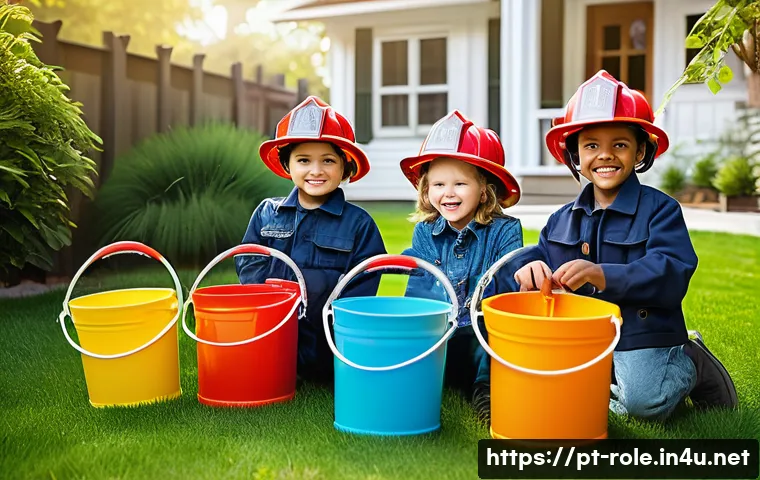 소방관 놀이 명장면 재현 - A group of children playing firefighter in a bright, safe backyard setting, all wearing colorful fir...