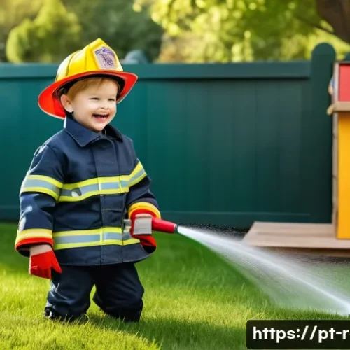 소방관 놀이 방화복 세트 - A joyful child wearing a realistic firefighter costume with reflective stripes, detailed buttons, an...
