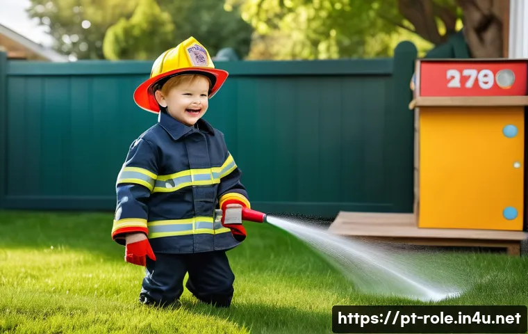 소방관 놀이 방화복 세트 - A joyful child wearing a realistic firefighter costume with reflective stripes, detailed buttons, an...