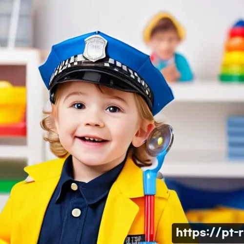경찰관 놀이 조사놀이 세트 - A cheerful young child aged 4, wearing a police-themed costume with a soft plastic badge and bright,...