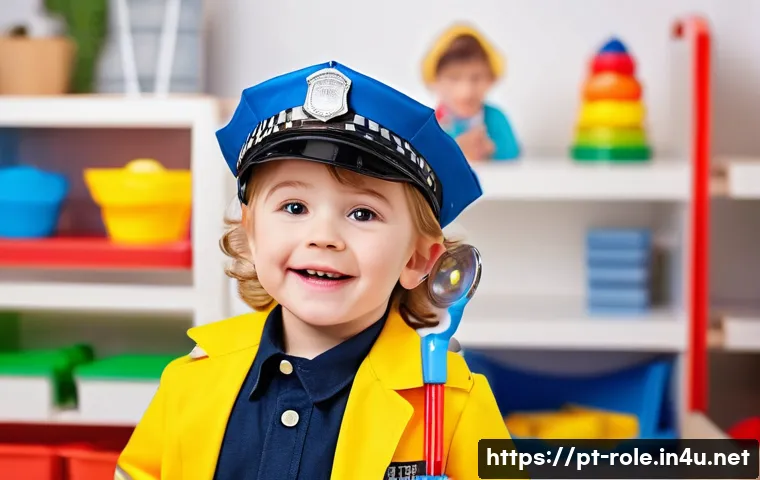 경찰관 놀이 조사놀이 세트 - A cheerful young child aged 4, wearing a police-themed costume with a soft plastic badge and bright,...