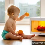 주방놀이 전자레인지 포함 세트 - A joyful toddler wearing a colorful diaper playing with a realistic toy kitchen set indoors, featuri...