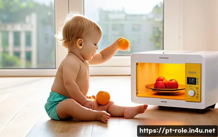 주방놀이 전자레인지 포함 세트 - A joyful toddler wearing a colorful diaper playing with a realistic toy kitchen set indoors, featuri...