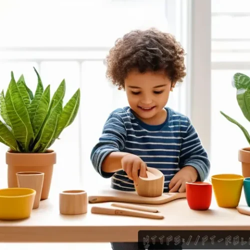 주방놀이 브랜드 비교 - A bright and cheerful playroom scene featuring a child aged 3 to 6 years playing with a sustainable ...
